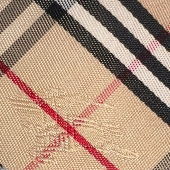 Burberry Nova Check Canvas Leather Tote Tan Black Red Traditional Plaid Pleated - Picture 11 of 16